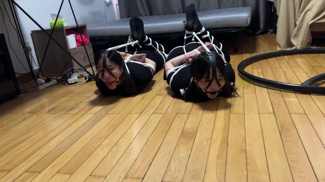 双妹分腿超紧后手缚马具口球严厉堵嘴-3