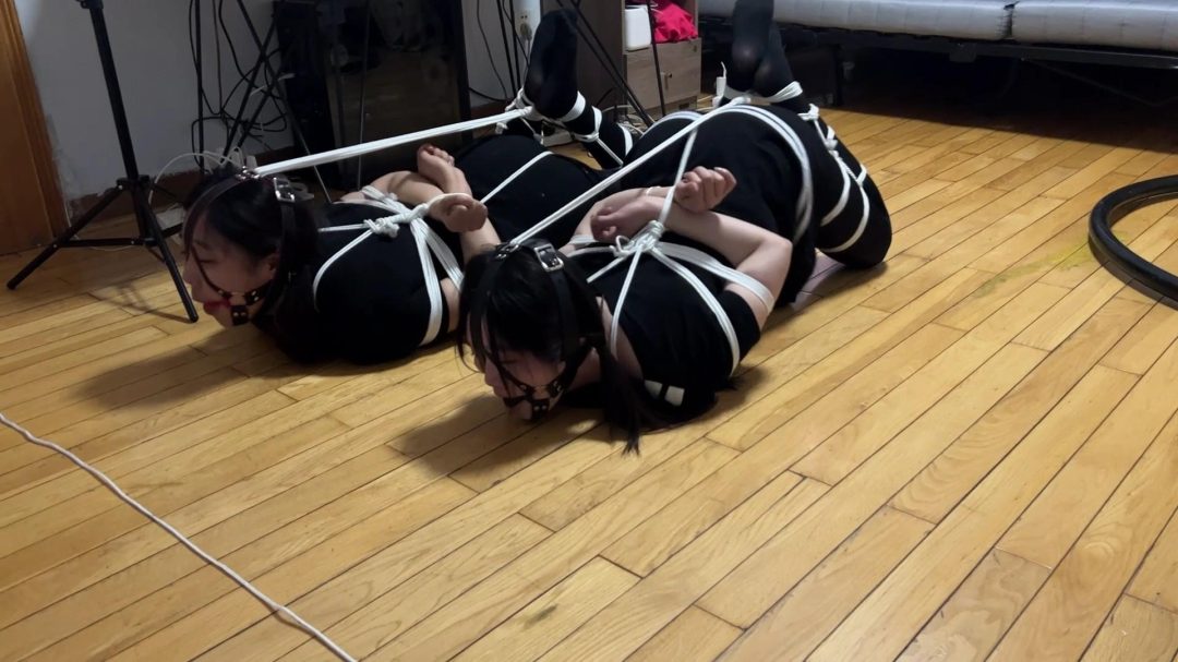 双妹分腿超紧后手缚马具口球严厉堵嘴-4