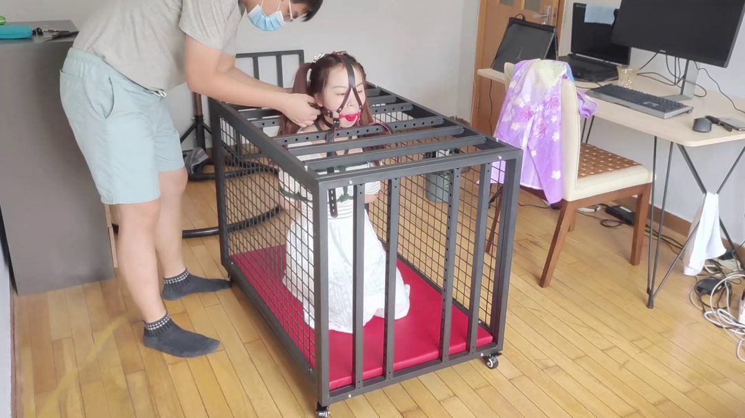 白裙妹子珊珊的铁笼跪缚，金属棒固定身体与头部，鼻钩马具口球联动-3