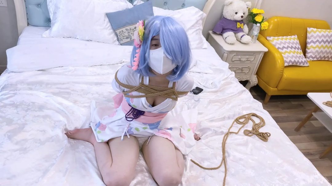 【嗷大喵】《二次元少女系》-雷姆浴衣cos,日式紧缚,胸缚,蟹缚强制M开腿,开口器,电击,口塞,原味丝袜堵嘴,盘腿海老缚,口球,鞭打sp,放置挣扎,跪缚-11