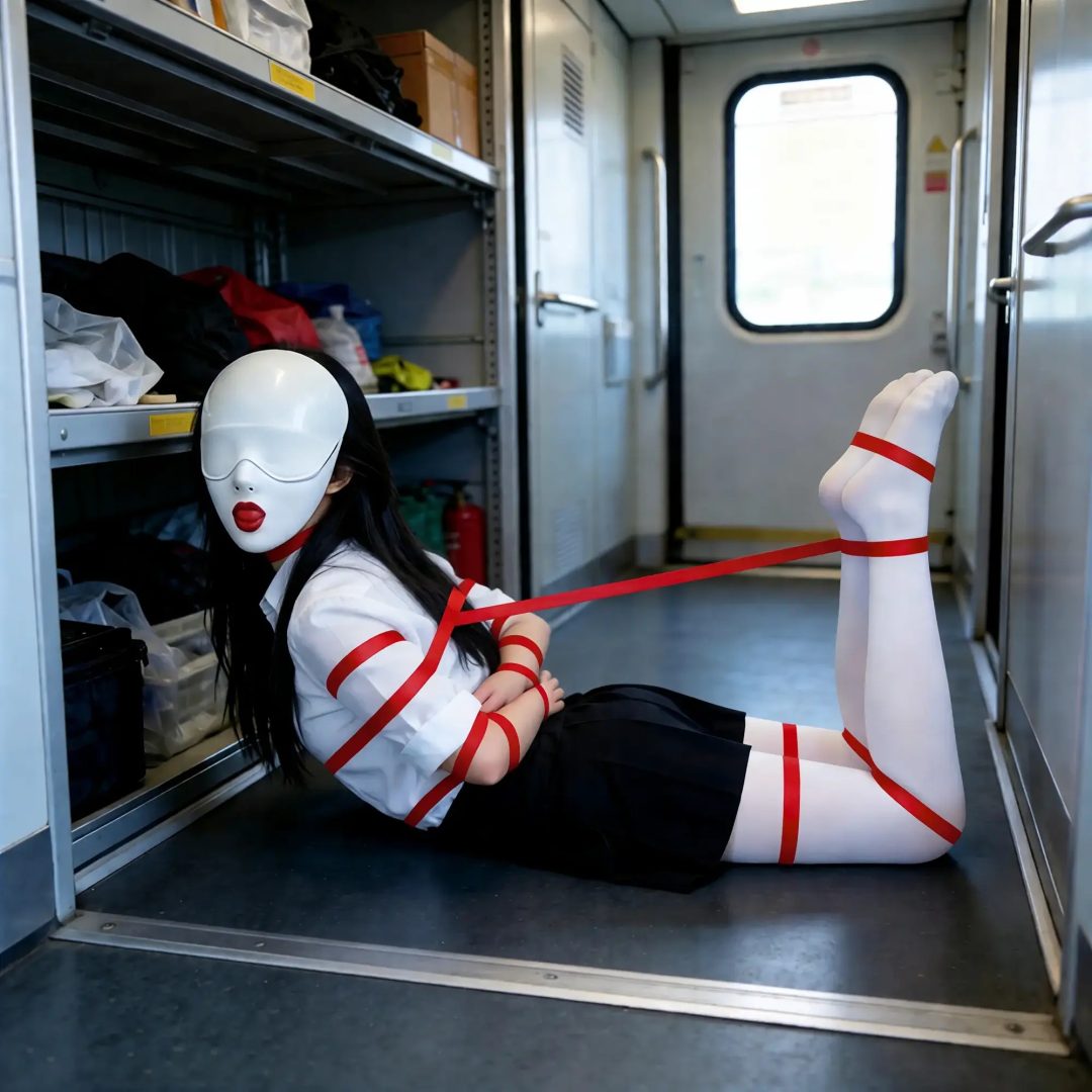 【CK视觉】AIGC-惩罚高铁上的不文明的女孩，白色丝袜，口球，乳胶头套，捆绑，吊腿缚，M分腿,驷马捆绑-7