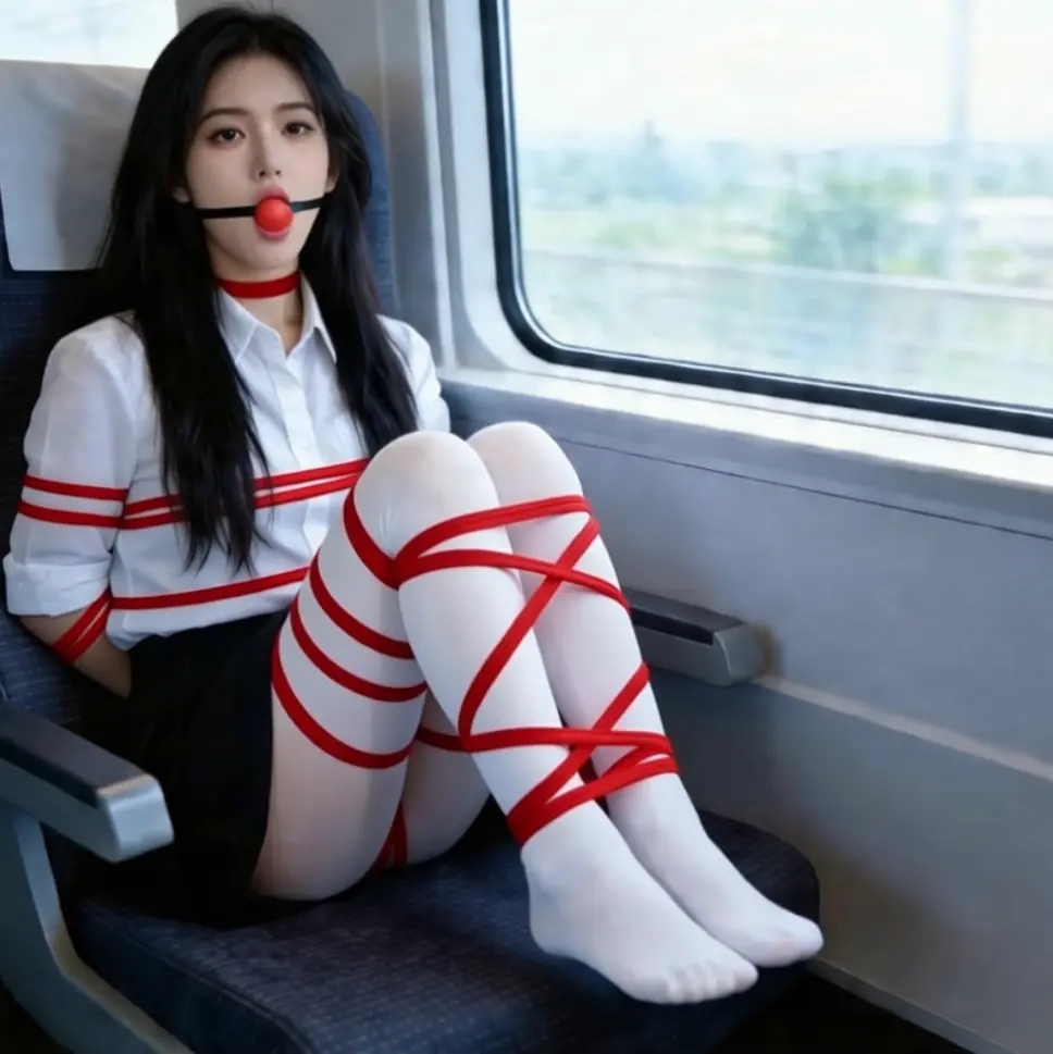 【CK视觉】AIGC-惩罚高铁上的不文明的女孩，白色丝袜，口球，乳胶头套，捆绑，吊腿缚，M分腿,驷马捆绑-3
