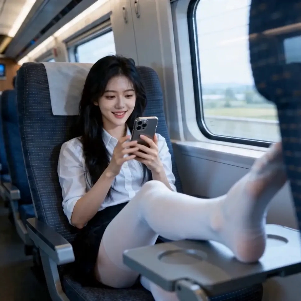 【CK视觉】AIGC-惩罚高铁上的不文明的女孩，白色丝袜，口球，乳胶头套，捆绑，吊腿缚，M分腿,驷马捆绑-1