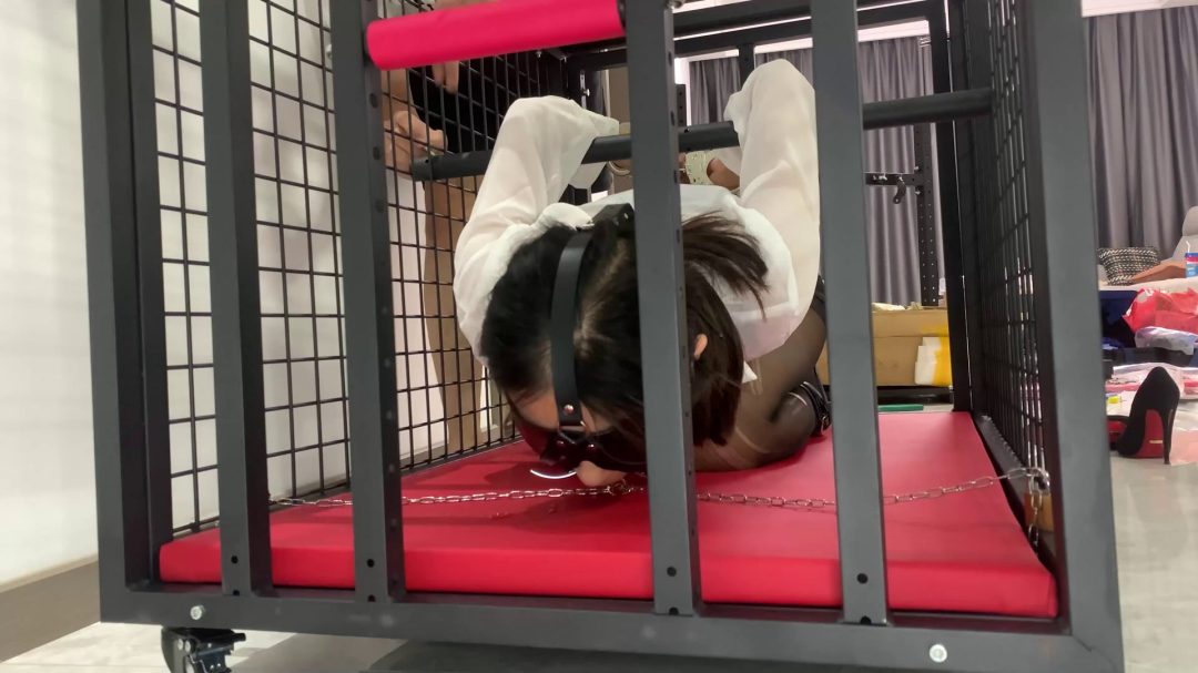 K9狗笼调教 开口器+流口水+镣铐+铁链固定+黑丝+丁字裤+SP-6