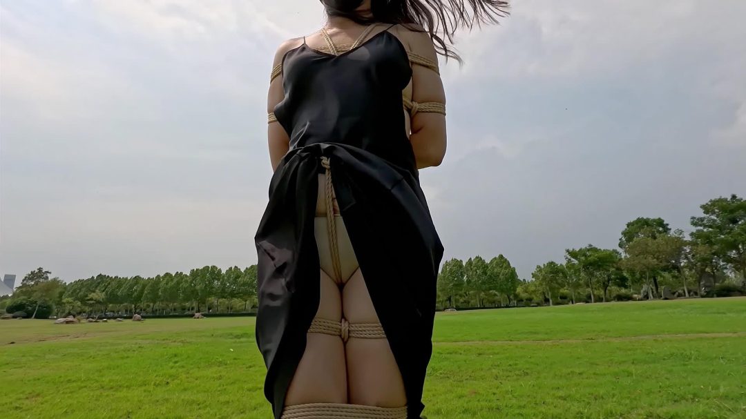 【Raymond】裙子下被绑大腿艰难的户外行走，湖边偶遇“路船”专门绕了一圈过来看（户外/绑腿/艰难行走/人前/后手观音/股绳/被发现/礼服）-1