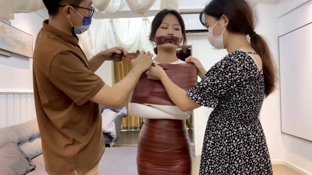 白色全身丝袜，与棕色胶带的全包-5