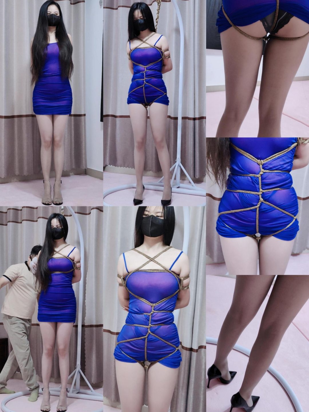 彤彤美女蓝色连衣裙丝袜高跟体验紧缚吊一会-5