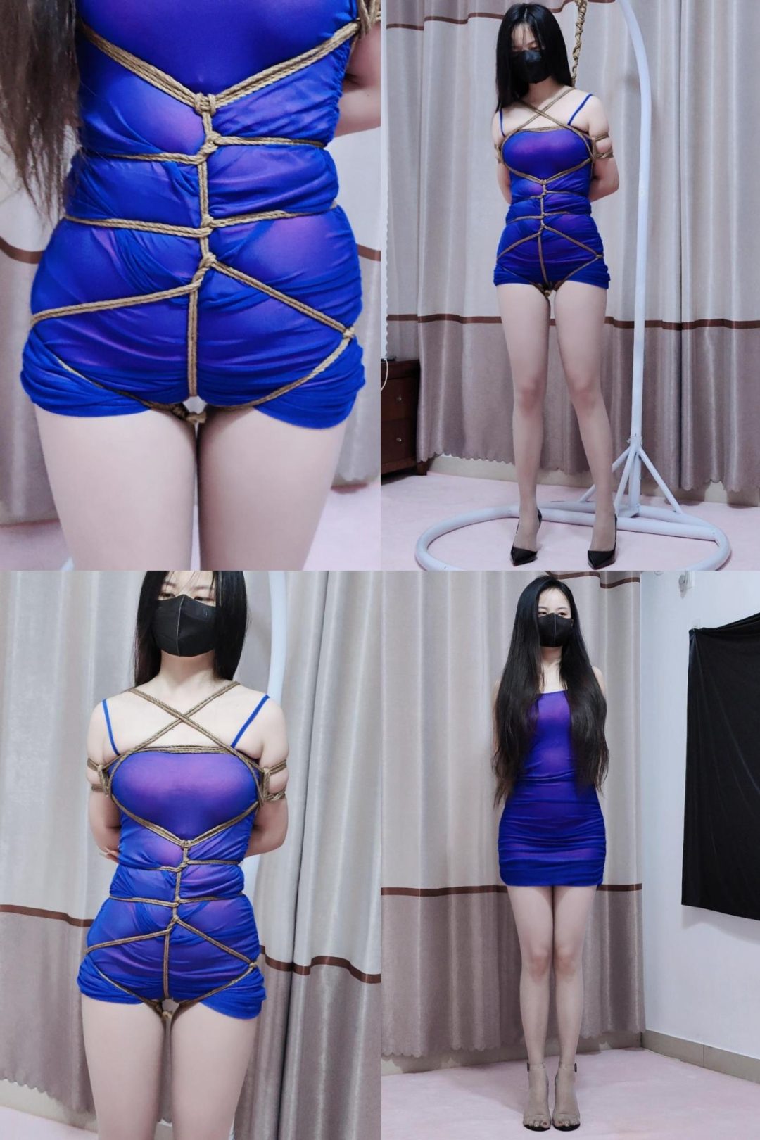 彤彤美女蓝色连衣裙丝袜高跟体验紧缚吊一会-3