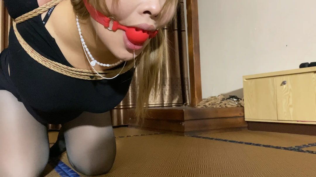 酒酒被绑成直臂，把手吊起来，散鞭鞭打，带口球放杯子收集口水，放置离去-6
