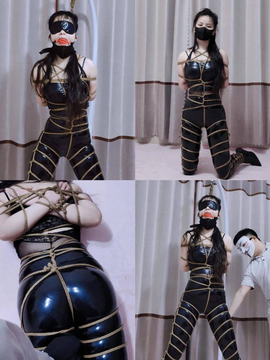 小姐姐亮面皮裤体验叉腿站立吊缚大号口球抬头驷马勒脖子-4