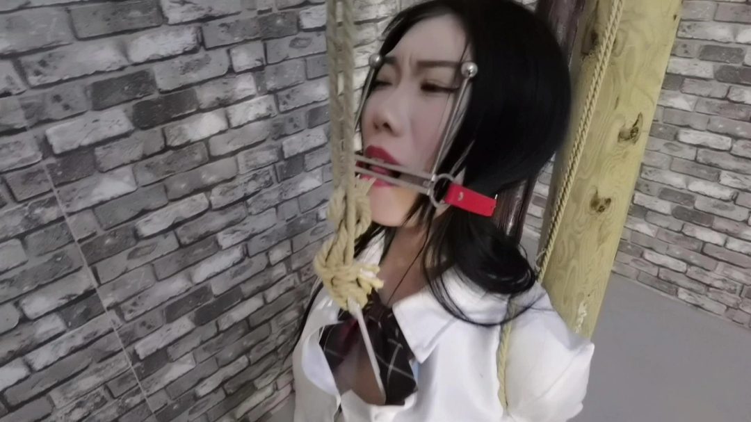 月仙儿被绑在老虎登上,把lu头通过2个滑轮吊在身后的手碗上,手只能偏上举着,往屁股方向拽着lu头痛,,还要遭受电击刺激,太痛苦了-6