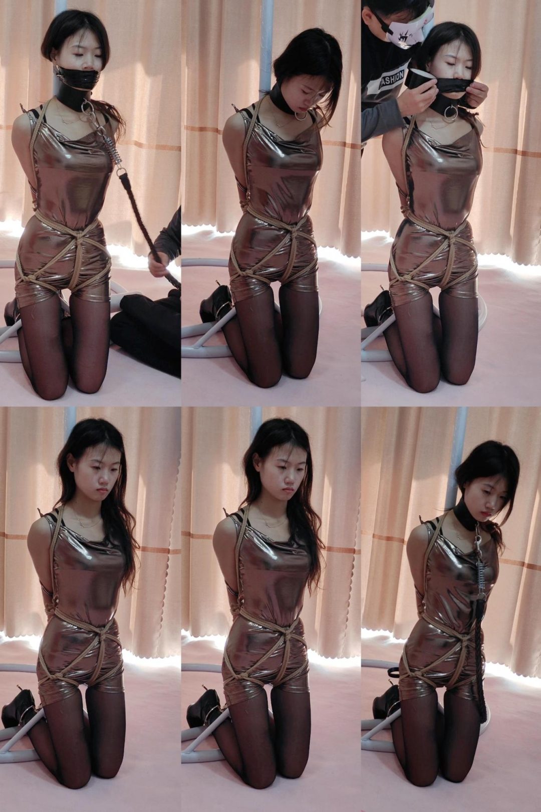 美女极光黑丝镣铐绳艺跪着直臀胶带封嘴禁固放置-2