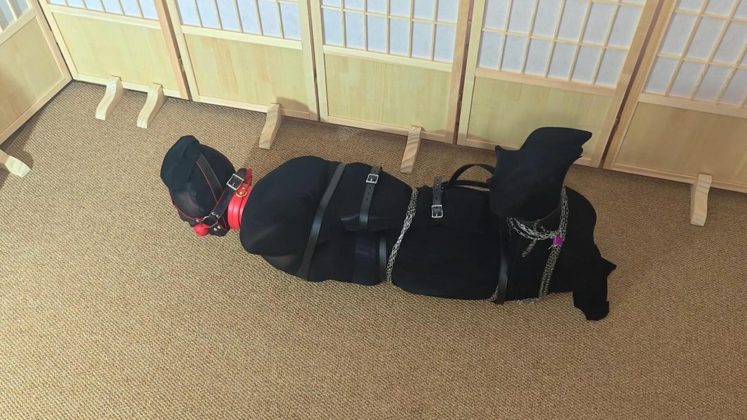 丝袜全包木乃伊，隔丝口球，高跟内穿，多重包手，多层驷马全包，缝合，铁链上锁，拘束带捆绑-4