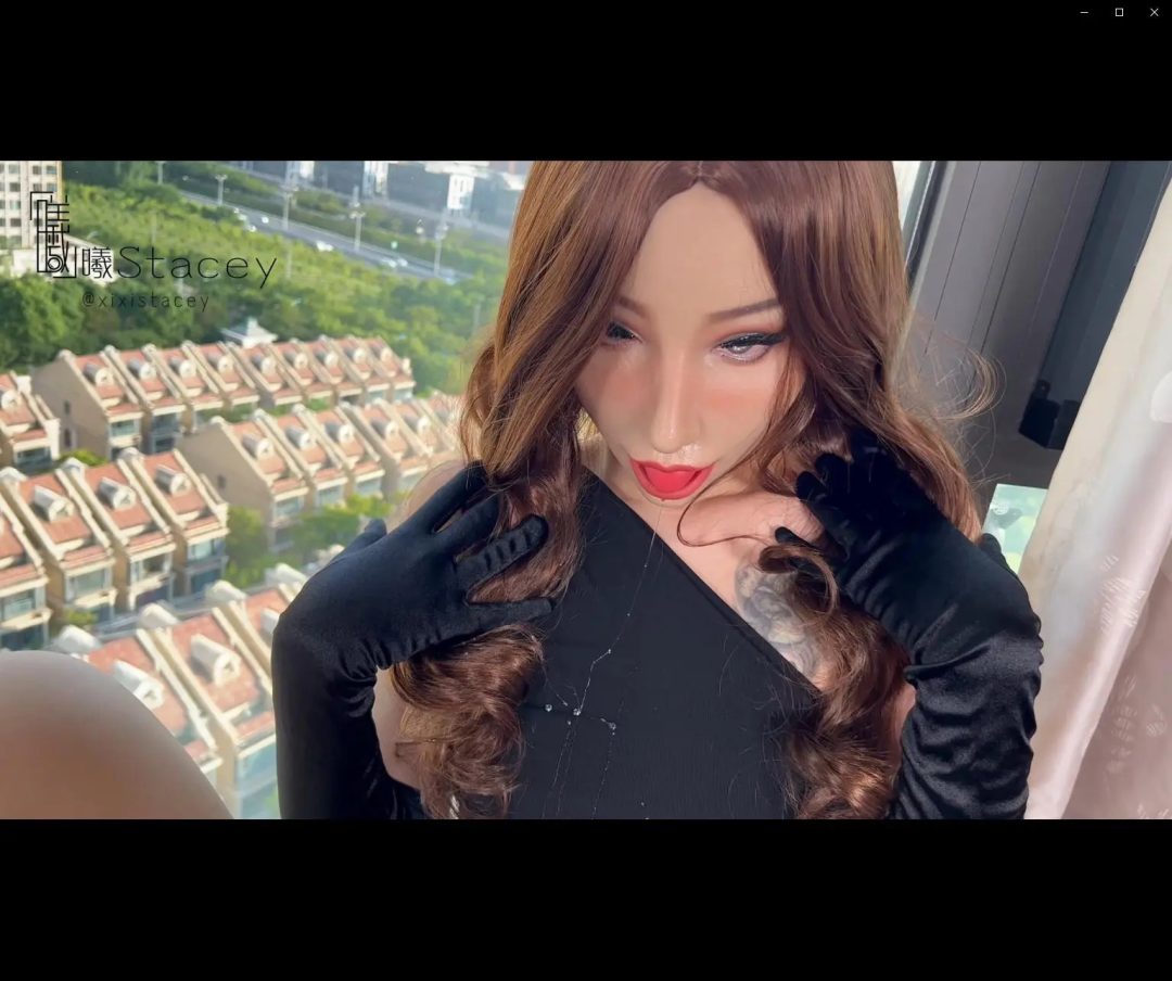 曦曦Stacey黑色包臀裙缎面长手套肉色美足佩戴欲魅面具流口水抚摸⭐移动拍摄⭐超强视觉冲击⭐主打面具流口水-7