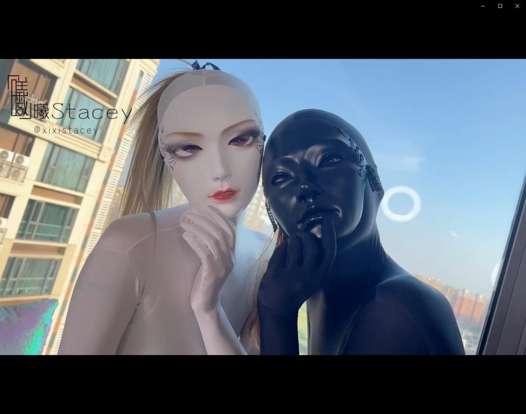 曦曦Stacey之双人系列双人开眼zentai搭配国风面具和闺蜜一起沉浸在丝滑zentai的触感中-2