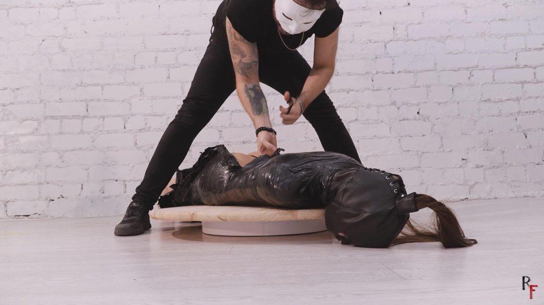 Anna Luna Mummified in Black Duct Tape - Struggling Around and Spinning on a Turntable in a Leather-4