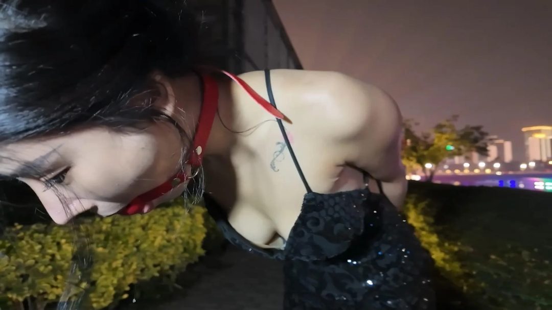 一绳所爱定拍，杨若琳户外散步，真空礼服，大腿紧缚，脚绑绳拷，扎带捆手，口球口水-12