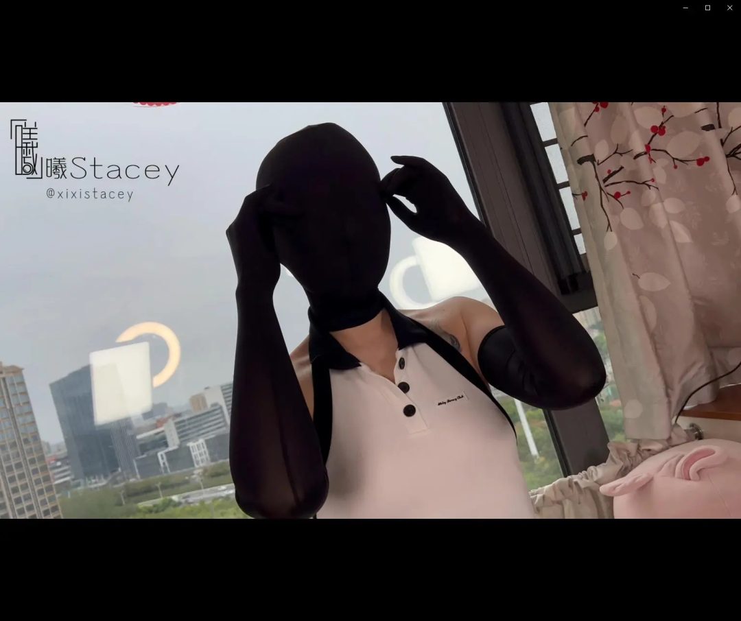 曦曦Stacey黑色半透明头套面部轮廓若隐若现搭配长手套超薄黑丝连衣裙挑鞋抚摸-1