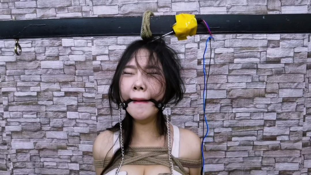 将女骗子绳捆索绑直立吊起来,脚底按了个脚踏开关,头顶按了个360激活开关串联于郊狼电击,上下自动电击,到最后竞将女骗子折磨成了植物人,....-6