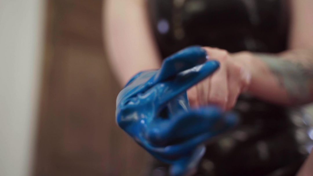 Fitting of blue latex gloves ASMR-3
