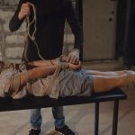 Yaroslava is tied up in rope hogtie